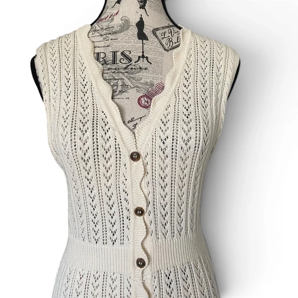 Mango MNG Knit Maxi Dress Womens M Cream Pointelle Button Front Sleeveless Boho - Picture 2 of 15